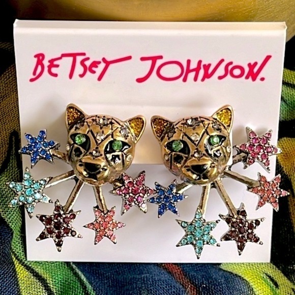 Betsey Johnson Jewelry - Brand New Betsey Johnson Leopard Colorful Stars Front Back Post Earrings Jungle
